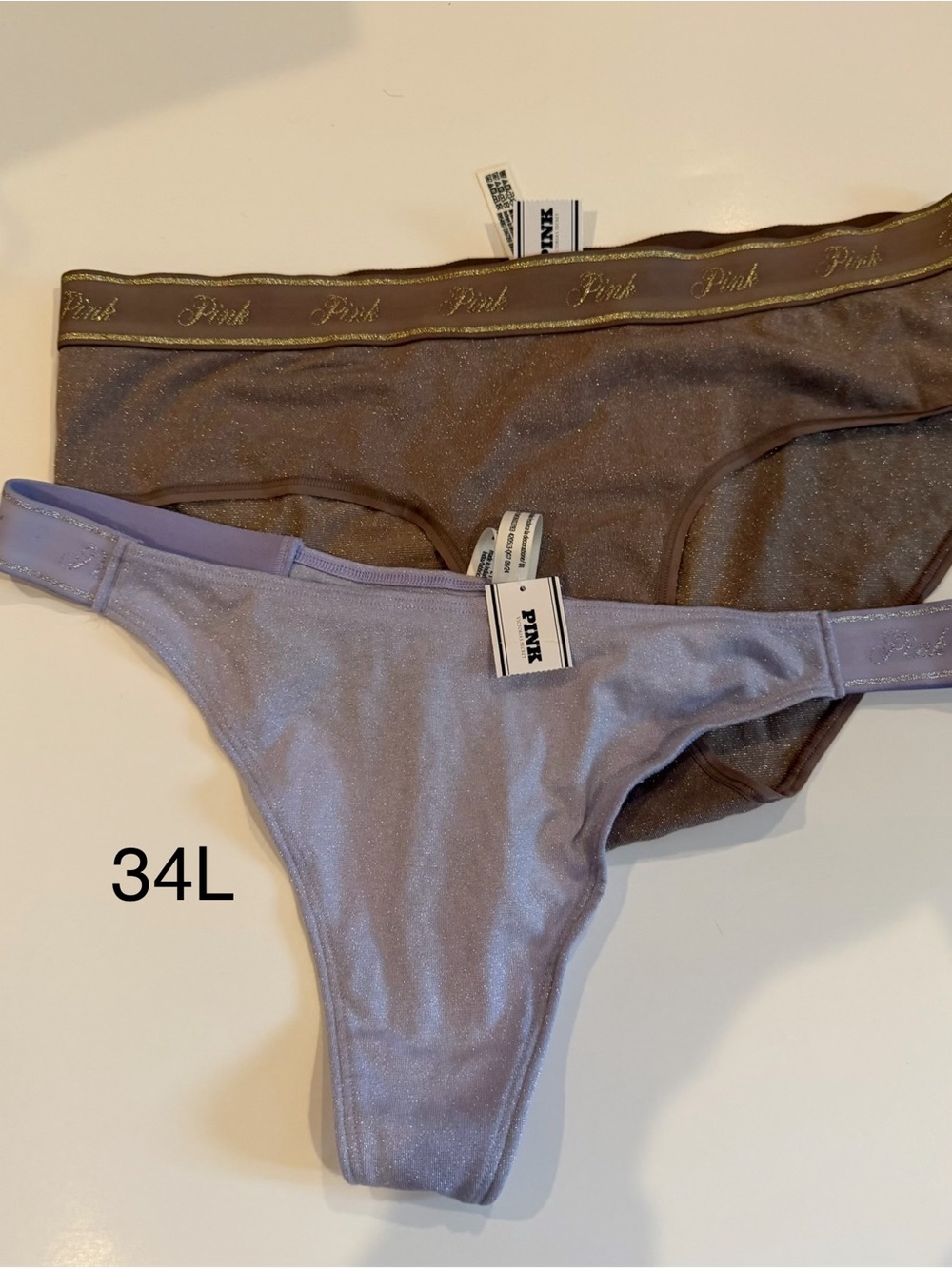 PINK Victoria's Secret Metallic Lavender Thong & Brown Brief Set